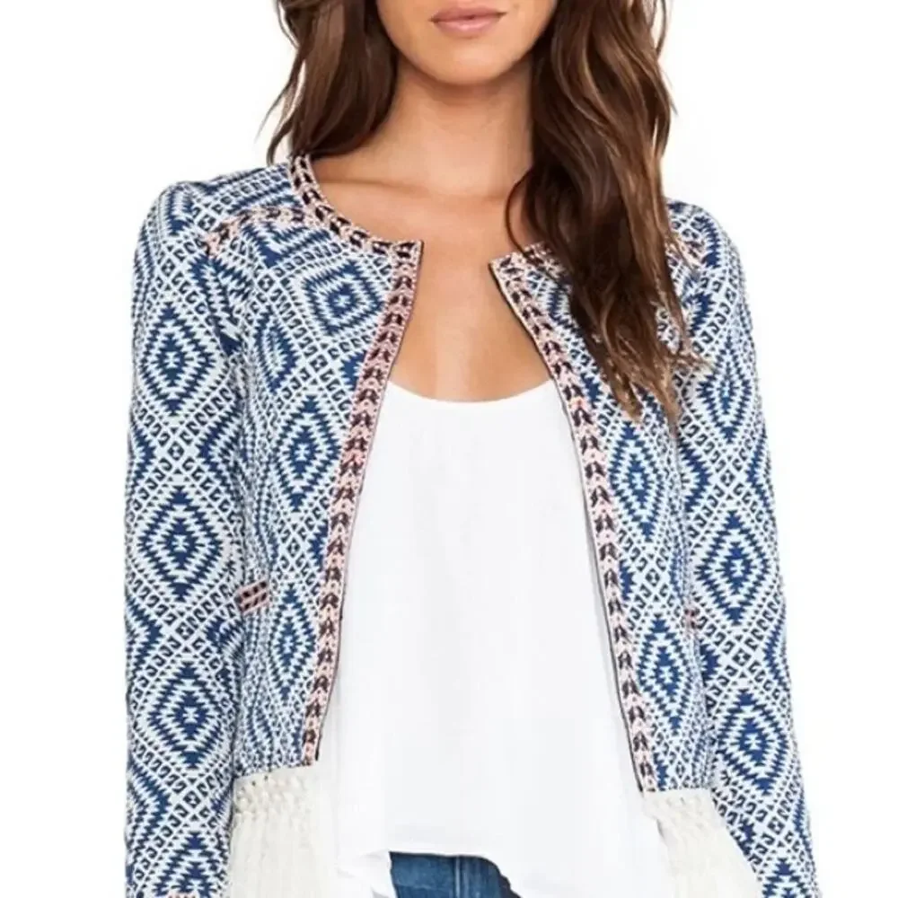 Tularosa Revolve Sante Fe Tapestry Jacket Fringe Diamondback Blue Cream Sz Small